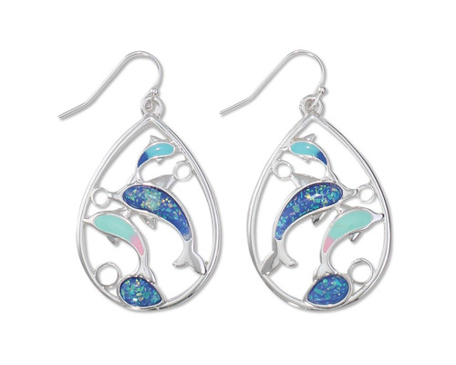 Periwinkle Opal Resin Ocean Life Scene Silver Dangle Earrings