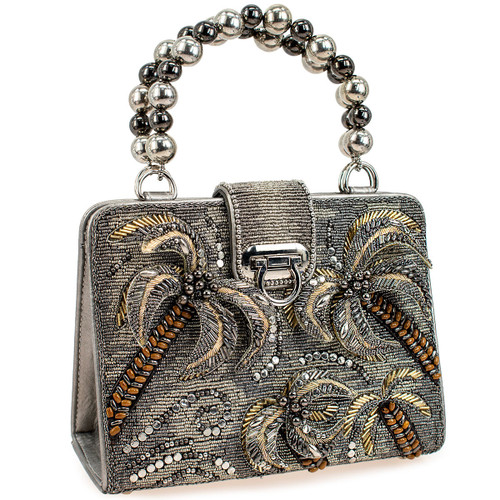 Mary Frances Silver Tropics Beaded Palm Tree Ball Beads Top Handle Purse