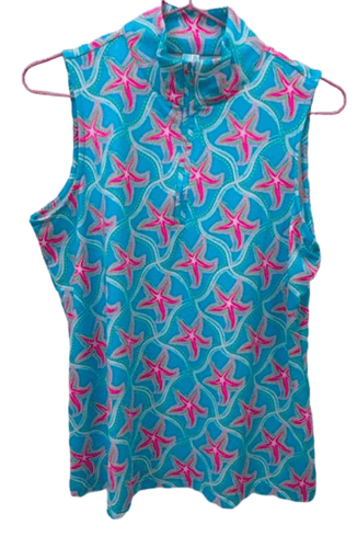 Beachtime Pink Starfish Sleeveless Turquoise High Neck Top