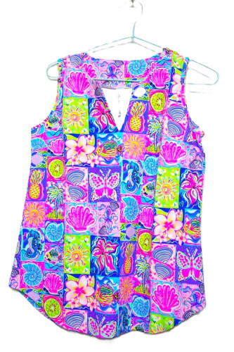 Lulu-B Moma V-Neck 3/4 Sleeve Tropical Neon Fabric Top
