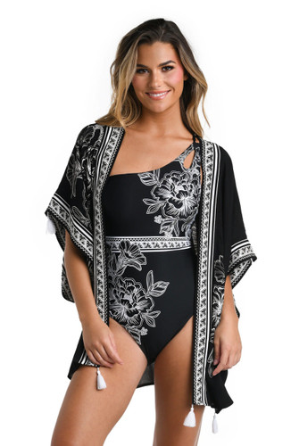 La Blanca Shadow Floral Black & White Short Kimono Swimsuit Cover Up La Blanca Shadow Floral Black & White Short Kimono Swimsuit Cover Up