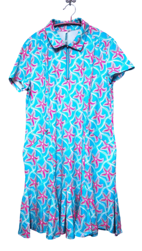 Beachtime Pink Starfish Pleated Ruffle Hemline Short Sleeve Dress