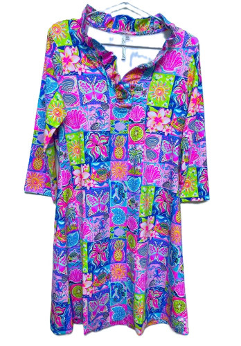 Lulu-B Moma Neon Colorful Tropical Print Ruffle Neckline 3/4 Sleeve Dress