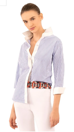 Gretchen Scott Studio 54 Blue Periwinkle Pinstripe Boyfriend Shirt