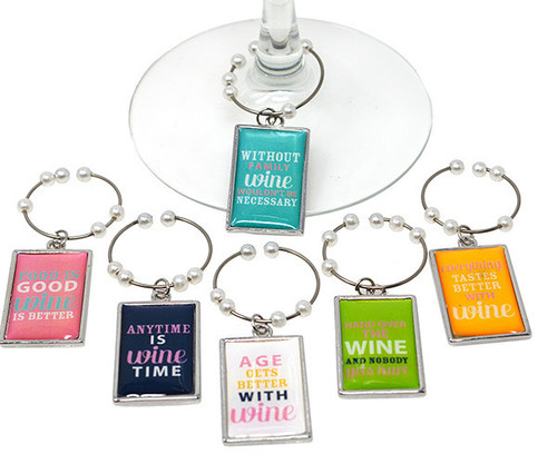 Wine Country Themed Sayings Stemmed Drink Glass Charms Set of 6 Wine Country Themed Sayings Stemmed Drink Glass Charms Set of 6
