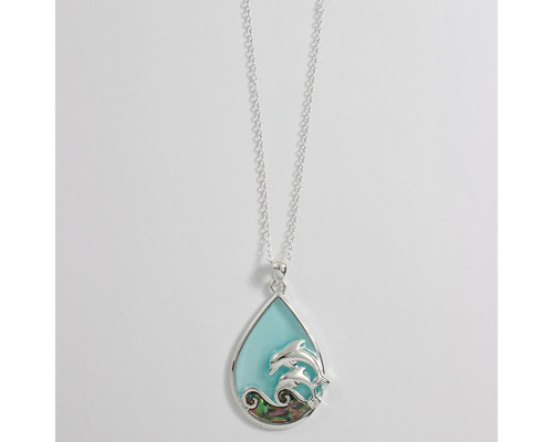 Periwinkle Silver Swimming Dolphin Scene Abalone Ocean Necklace