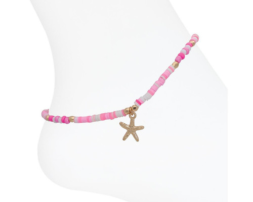 Periwinkle Pink Disc Beads Gold Starfish Anklet