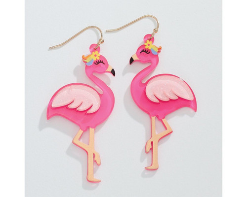 Periwinkle Hot Pink Glitter Wings Flamingos With Flowers Acrylic Earrings