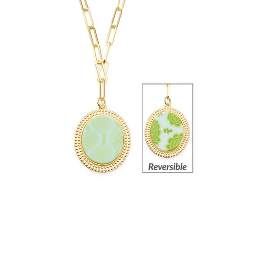 Jilzarah Seaside Green Reversible Medallion Pendant Gold Link Chain Necklace 