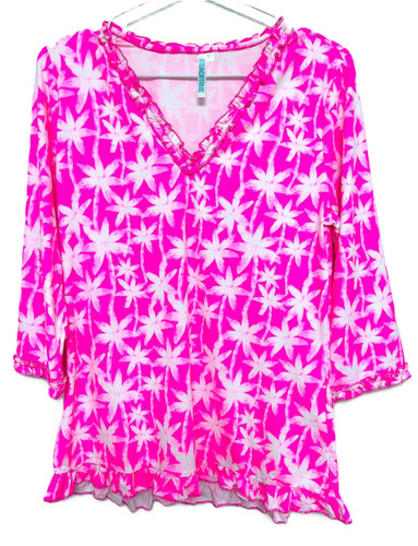 Beachtime Neon Pink Palm Trees Ruffle Neck 3/4 Sleeve Top