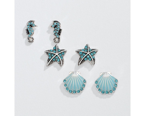 Periwinkle Aqua Crystal Sea Life Trio Stud Earrings Set