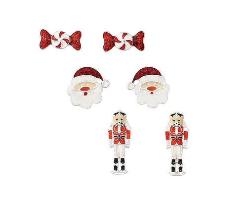 Periwinkle Candy Nutcracker Santa Red Trio Stud Earrings Set