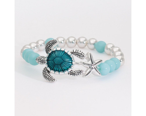 Periwinkle Teal Turtle Shell Blue Beads Silver Stretch Bracelet