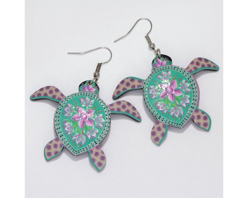 Periwinkle Purple Flower Painted Mint Green Turtle Shaped Dangle Earrings