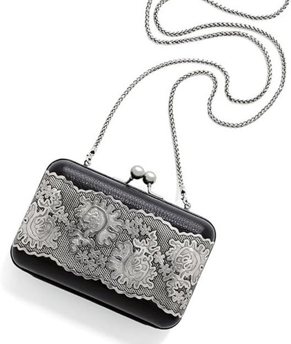 Brighton Dantela Silver Lace Trim Black Leather Chain Clutch Purse