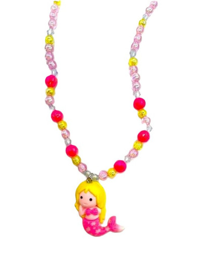 Pink Mermaid Pendant Child's Iridescent Bead Necklace