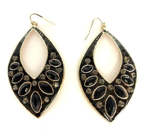 AMI Black Enamel Marquis Shaped Extra Long Earrings