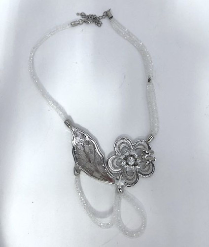 Hannah Crystal Net Cord Silver Flower Bib Statement Necklace