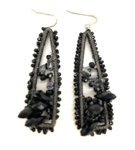 Euro Long Open Beaded Cluster Black Dangle Earrings