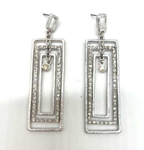 Andante Triple Rectangle Box Matte Silver Long Dangle Earrings