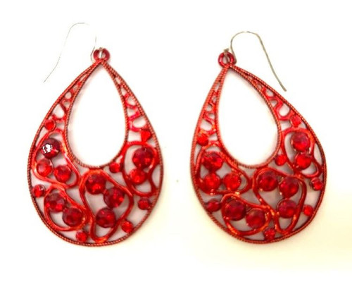 Red Cut Out Metallic Metal Pear Shaped Crystal Dangle Earrings