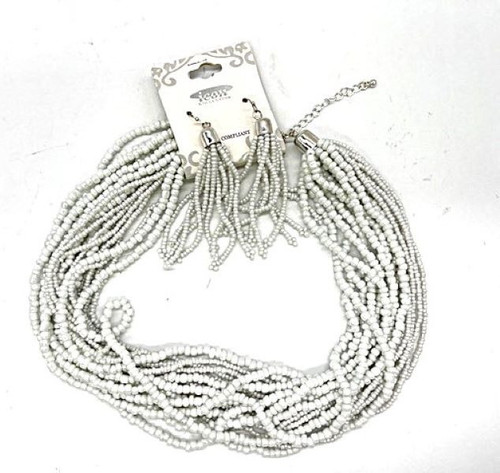Icon Collection White Multi-Strand Beaded Necklace and Tassel Earrings Set