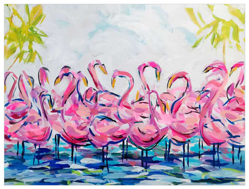 Green Box Pink Flamingo Bird Flock Canvas Wall Art