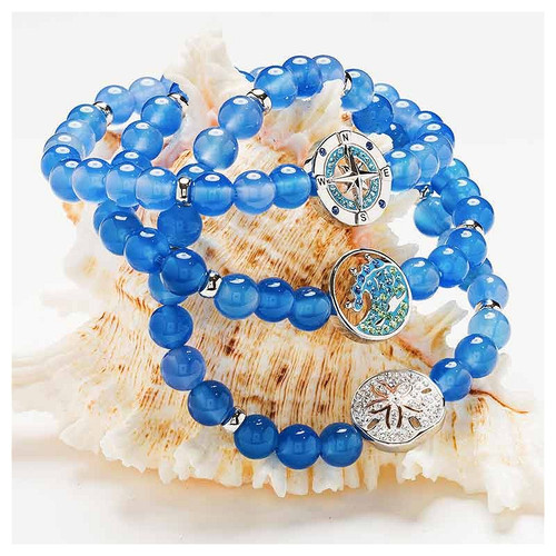 Ocean Jewelry Blue Agate Beaded Stretch Bracelet Silver Centerpiece