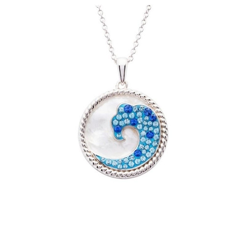 Ocean Jewelry Mother Of Pearl & Blue Crystal Wave Pendant Silver Necklace Ocean Jewelry Mother Of Pearl & Blue Crystal Wave Pendant Silver Necklace