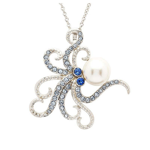 Ocean Jewelry Blue Crystal and Pearl Octopus Pendant Silver Necklace Ocean Jewelry Blue Crystal and Pearl Octopus Pendant Silver Necklace