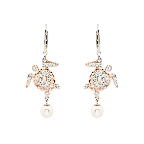 Ocean Jewelry Crystal Turtle Pearl Dangle Rose Gold Plate & Silver Earrings Ocean Jewelry Crystal Turtle Pearl Dangle Rose Gold Plate & Silver Earrings