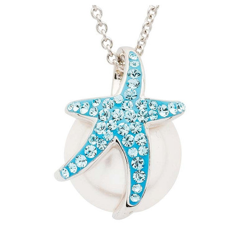 Ocean Jewelry Aqua Crystal Starfish On Wrapped Pearl Pendant Silver Necklace Ocean Jewelry Aqua Crystal Starfish On Wrapped Pearl Pendant Silver Necklace
