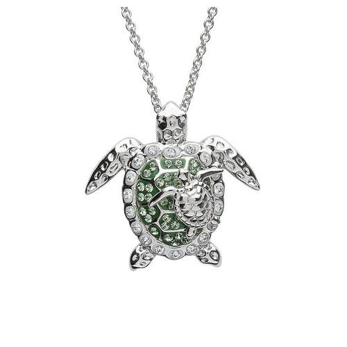 Ocean Jewelry Green Crystal Turtle With Baby Pendant Silver Necklace Ocean Jewelry Green Crystal Turtle With Baby Pendant Silver Necklace