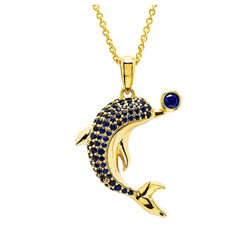 Ocean Jewelry Blue Sapphire Dolphin With A Ball Pendant 14Kt Gold Vermeil Necklace Ocean Jewelry Blue Sapphire Dolphin With A Ball Pendant 14Kt Gold Vermeil Necklace