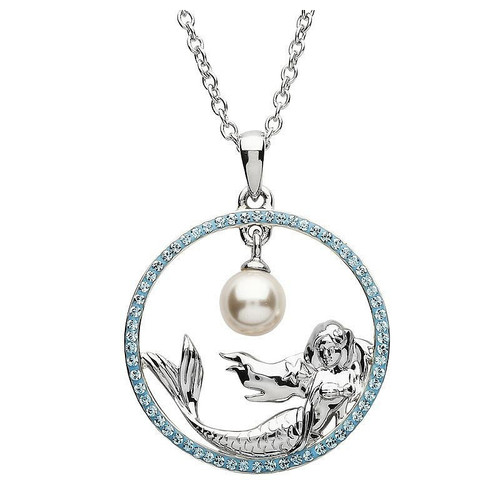 Ocean Jewelry Mermaid in Aqua Crystal Circle Pendant Silver Necklace Ocean Jewelry Mermaid in Aqua Crystal Circle Pendant Silver Necklace