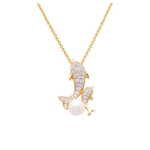 Ocean Jewelry CZ Mother and Baby Dolphin With Pearl 14KT Gold Vermeil Necklace Ocean Jewelry CZ Mother and Baby Dolphin With Pearl 14KT Gold Vermeil Necklace