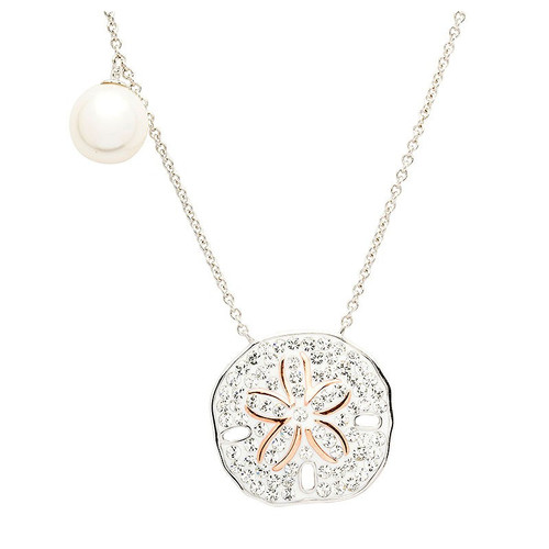 Ocean Jewelry Crystal Sand Dollar With Pearl Charm Silver Necklace