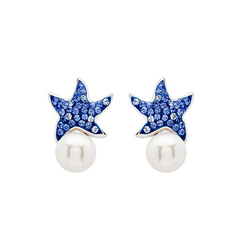 Ocean Jewelry Sapphire Crystal Starfish On Pearl Dangle Silver Earrings Ocean Jewelry Sapphire Crystal Starfish On Pearl Dangle Silver Earrings