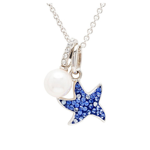 Ocean Jewelry Sapphire Aqua Crystal Starfish With Pearl Charm Silver Necklace Ocean Jewelry Sapphire Aqua Crystal Starfish With Pearl Charm Silver Necklace