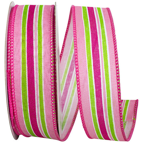 Reliant Ribbon Bright Pink Linen With Lime Green Stripes Wired Ribbon Roll