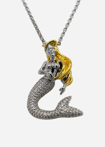 NAU-T Girl Silver Mermaid With Gold Hair Necklace NAU-T Girl Silver Mermaid With Gold Hair Necklace