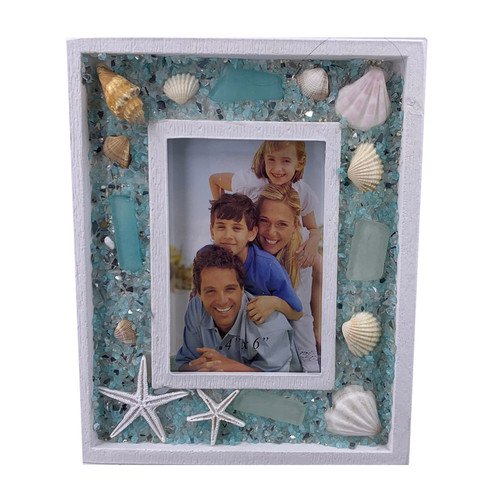 Sea Shells and Aqua Sea Glass 4" x 6" Vertical Photo Frame Sea Shells and Aqua Sea Glass 4" x 6" Vertical Photo Frame