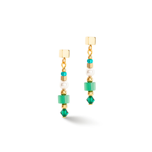 Coeur De Lion Green Square GeoCUBE® Crystal & Pearl Gold Dangle Earrings