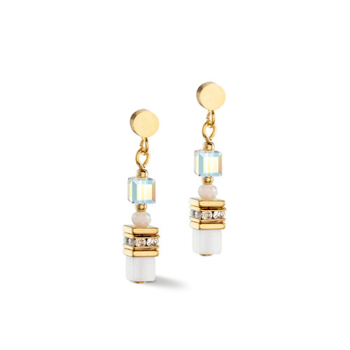 Coeur De Lion White Mini GeoCUBE® Crystal Gold Dangle Earrings