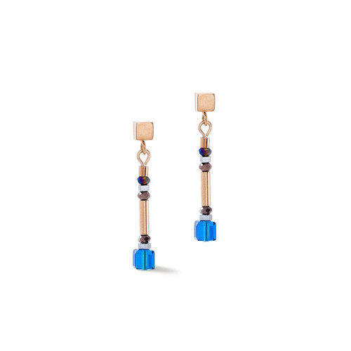 Coeur De Lion Cube Story Sparkling Minimalistic Blue GeoCUBE® Crystal Rose Gold Dangle Earrings