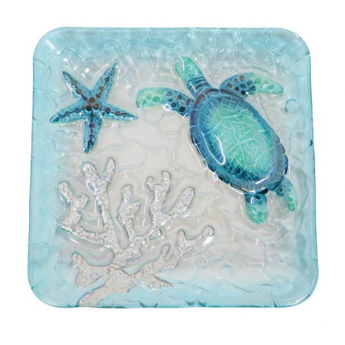 Iridescent Blue Turtle Under The Sea Square Glass Salad Plate Iridescent Blue Turtle Under The Sea Square Glass Salad Plate
