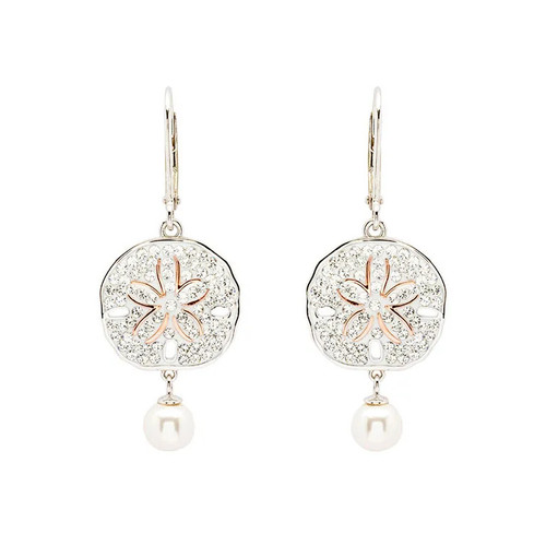 Ocean Jewelry Crystal Sand Dollar Pearl Dangle Silver Earrings