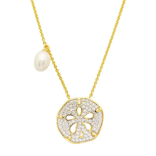 Ocean Jewelry CZ Sand Dollar Pendant Gold Vermeil Necklace With Pearl Ocean Jewelry CZ Sand Dollar Pendant Gold Vermeil Necklace With Pearl