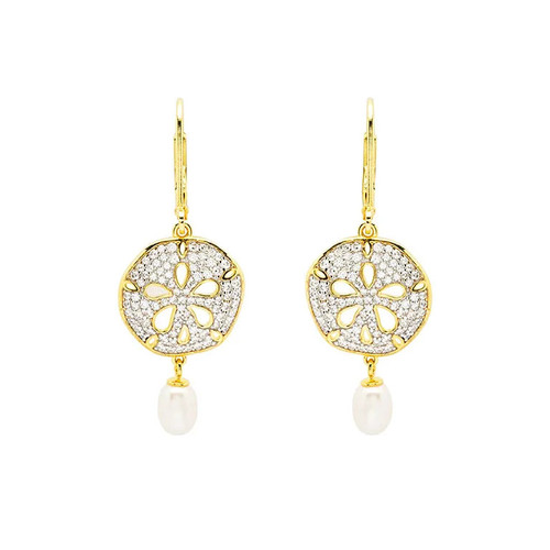 Ocean Jewelry CZ Sand Dollar Gold Earrings With Dangle Pearl Ocean Jewelry CZ Sand Dollar Gold Earrings With Dangle Pearl