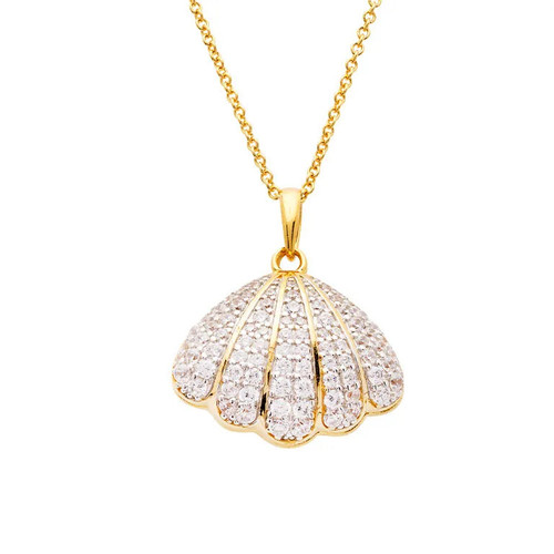 Ocean Jewelry Gold and CZ Scallop Shell Necklace With Pearl Inside Ocean Jewelry Gold and CZ Scallop Shell Necklace With Pearl Inside